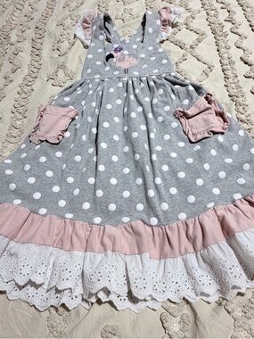 Source Unknown Gray Polka Dot Dress with Pink Trim and Flamingo